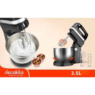 Decakila Hand Mixer 250W With 3.5L Stainless Steel Bowl 5 Speed With Turbo Silver & Black Steel Beaters & Hook KEMX012B